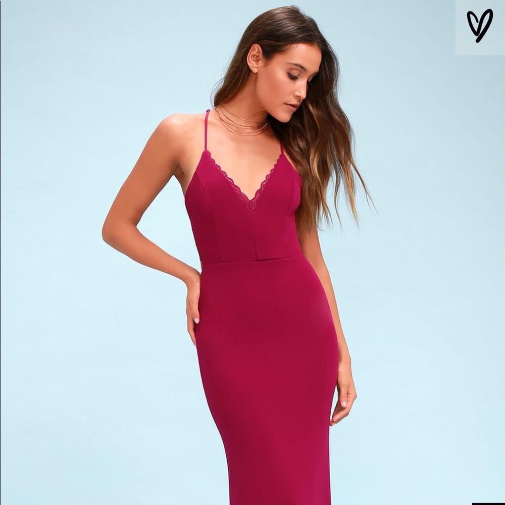 Lulus Love Story Magenta Backless lace Maxi Dress